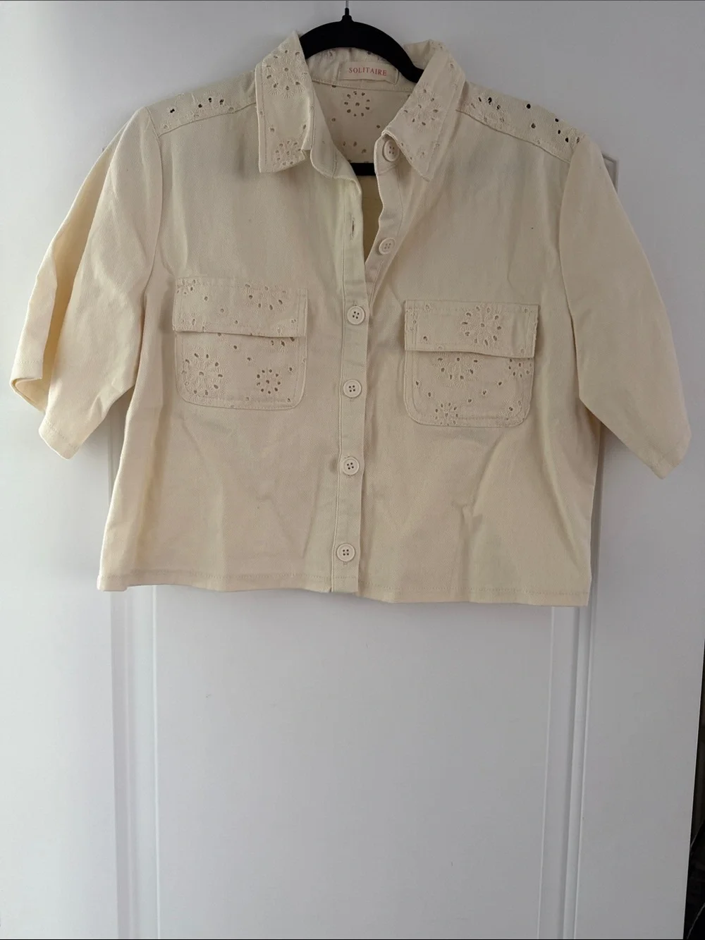 Solitaire Cream Eyelet Cropped Button-Front Top